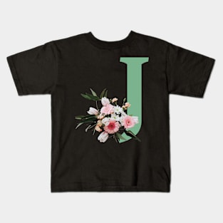 Letter J green with colorful flowers Kids T-Shirt